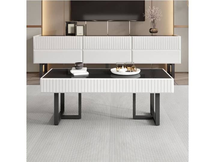 ULEVR Ensemble meuble TV et table basse noir et blanc design moderne avec rangement intégré et finition brillante
