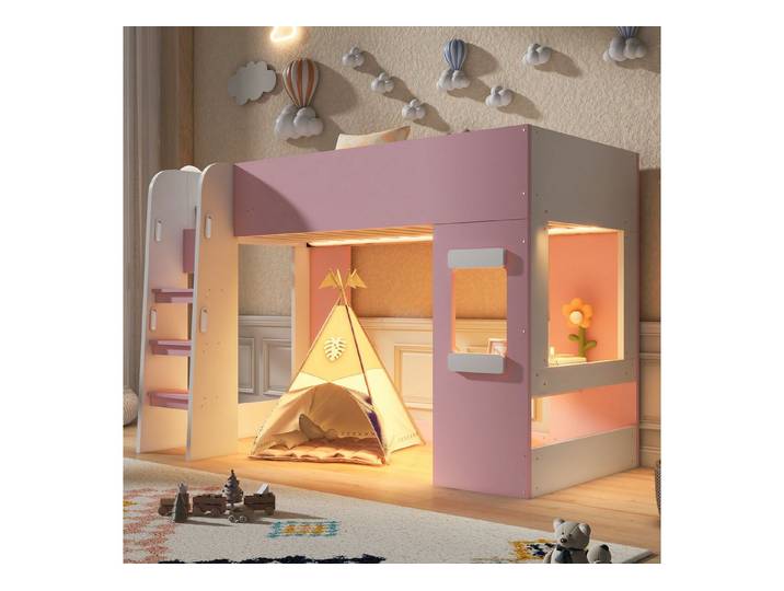 Odikalo Kinderbett Holz-Hochbett Mit LED kleinem Schreibtisch Hoher Schutzgitter (90×200 Breitere Sicherheitsleiter mit Handläufen für sicheren Aufstieg Jugend Einzelbett)