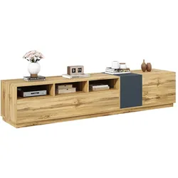 TV-Ständer 200x45x45 im grau-schwarzen Design mit Holzpaneelen, Kabeldurchlässen und praktischen Aufbewahrungsfächern