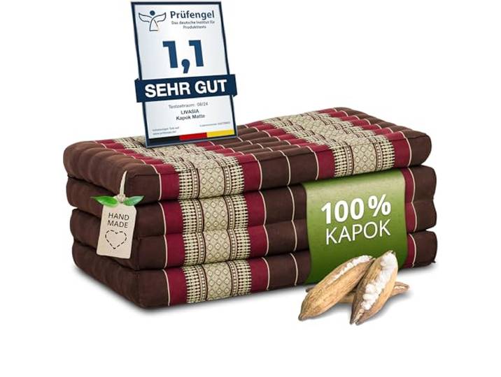 livasia Nachhaltige Klappmatratze aus Kapok - 200x80x8cm - Gästematratze, Faltbare Matratze für Van, ökologische Yogamatte, klappbares Gästebett, Liege für Garten und Balkon (Weinrot)