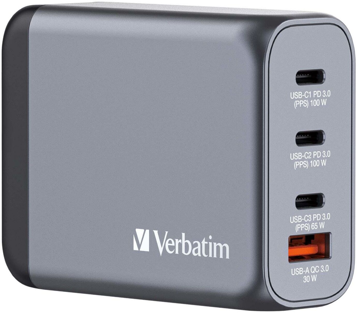 Verbatim GNC-100 GaN Charger 100W with 2 x USB-C PD 100W / 1 x USB-C PD 65W / 1 x USB-A QC 3.0 (EU/UK/US)