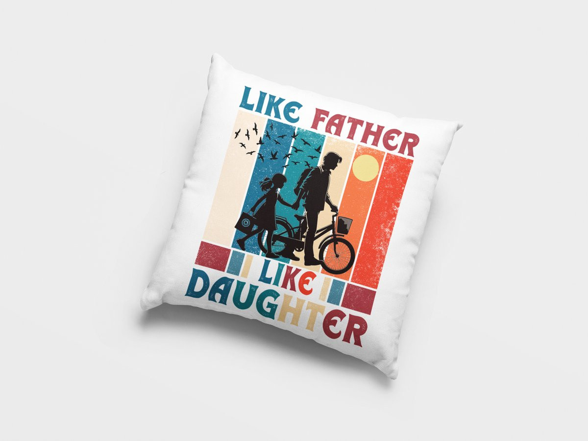 Zo Vader Zo Dochter Sierkussen - Retro Zonsondergang met Fietsend Vader en Kind Silhouet
