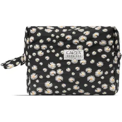 Karen - Large toiletry bag with embroidered daisies - Black - Large, Necessaire, Schwarz