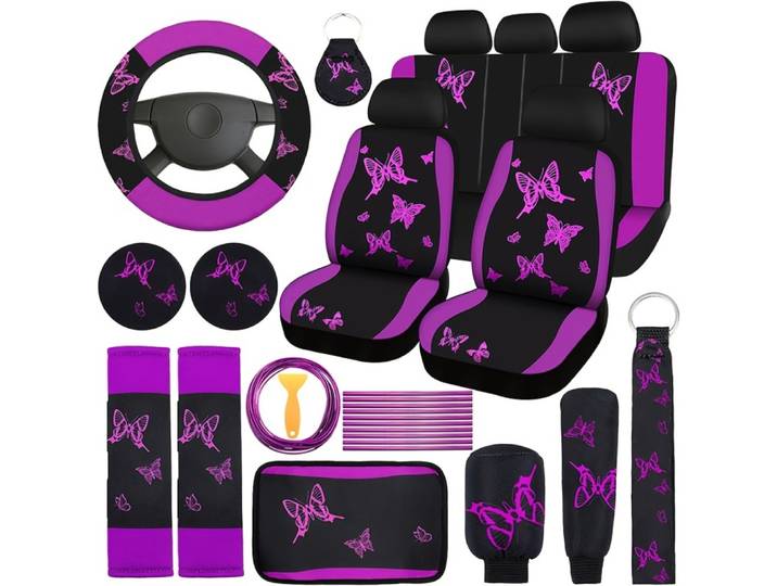 41 pièces Ensemble complet de housses de siège de voiture motif papillon violet et noir pour femmes, accessoires de voiture pour SUV, housses de sièges avant et arrière, sangle de poignet, tapis de