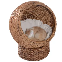 PawHut Rattan Katzenkorb Katzenhöhle Katzenbett mit Kissen Hellbraun