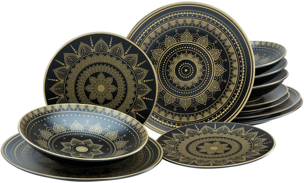 Creatable MANDALA GOLD 12 Piece Dinnerware Set, Service for 4 Gold;Black 12