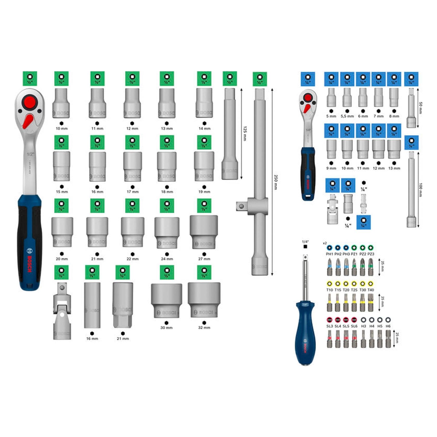 Bosch Hausgeräte 1/4"- + 1/2"-Ratschen-Set, 80-tlg. - 1600A03AD0 (1/2", 1/4") (24559115)