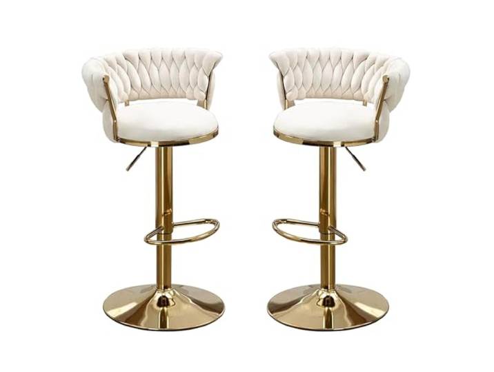 Barhocker 4er set mit lehne, 360° Drehbar Barstühle mit Golden Höhenverstellbaren Metallrahmen, Samt Küchenhocker mit Fußstütze Bistrohocker Bar Stool für Kücheninsel Bar Coffee Bar,Weiß,Set of 2