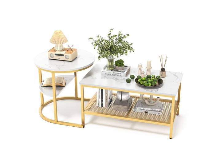 Table basse gigogne – Lot de 2 – Effet marbre – Cadre doré – Table ronde et rectangulaire