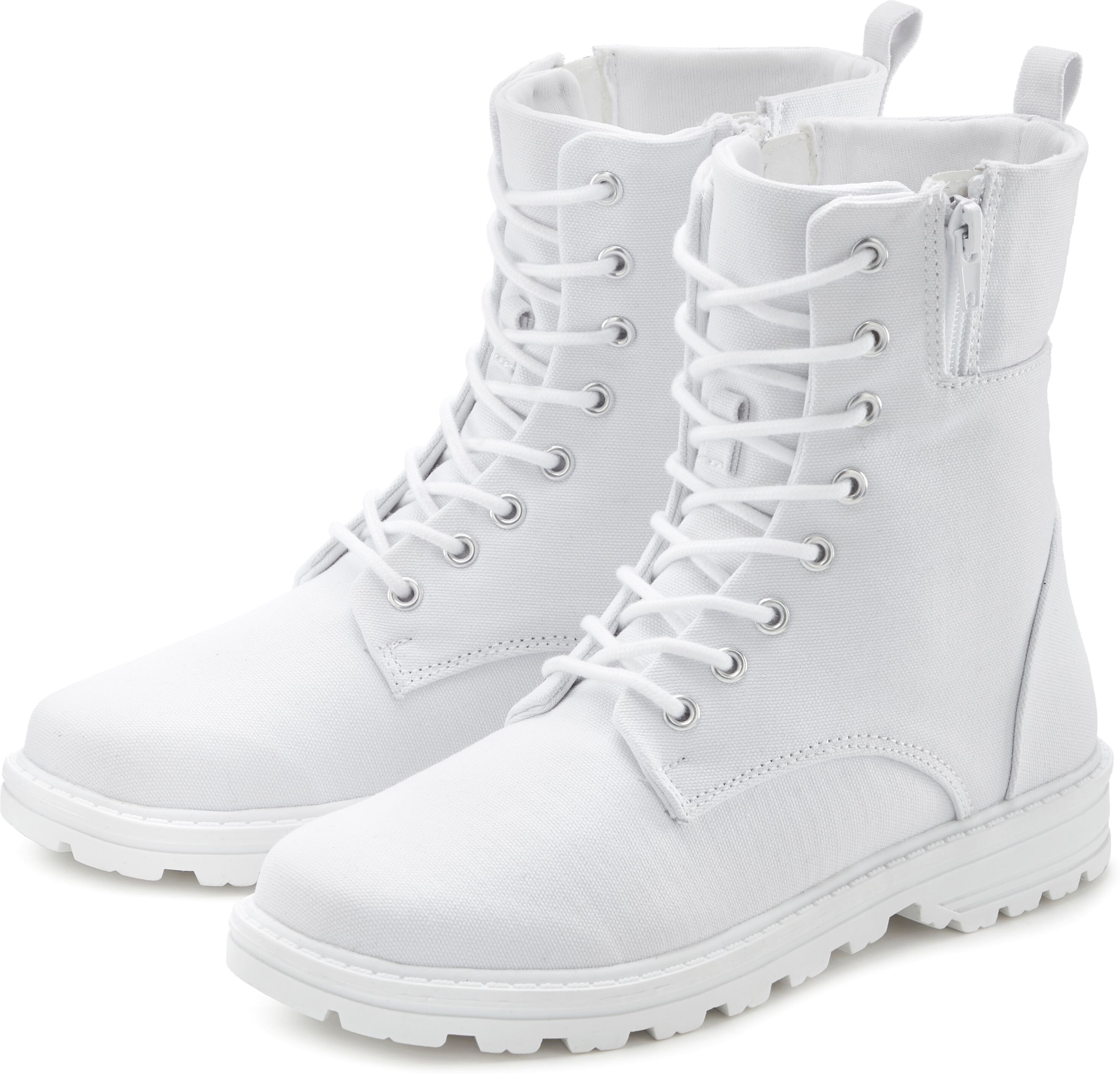 Stiefelette LASCANA, Damen, Gr. 36, Textil, weiss (weiß), Obermaterial: 100% Textilmaterial. Decksohle: 100% Textilmaterial. Futter: 100% Textilmaterial. Laufsohle: 100% Synthetik, unifarben, Basic, Schuhe Stiefelette, zum Schnüren in modischer Combat Opt