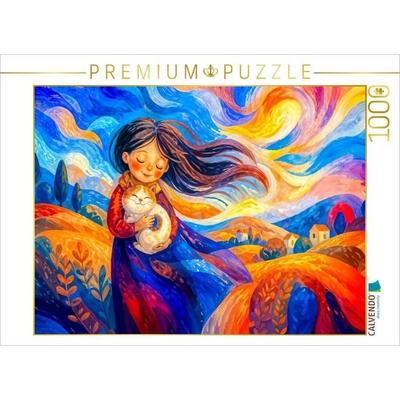 CALVENDO Puzzle Puzzlespiel Mädchen mit Katze im herbstlichen Wind auf farbiger Hügel landschaft | 1000 Teile Lege-Größe 64 × 48 cm Foto-Puzzle für