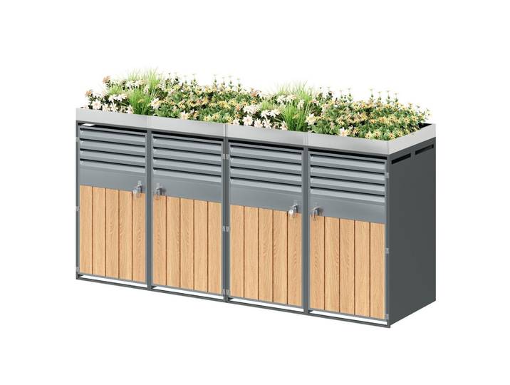 Modfu Mülltonnenbox aus Stahl in Grau/Holzoptik mit Pflanzfläche & 4 abschließbaren Türen, Metall, 264x124.5x80 cm, Gartenzubehör, Mülltonnenbox