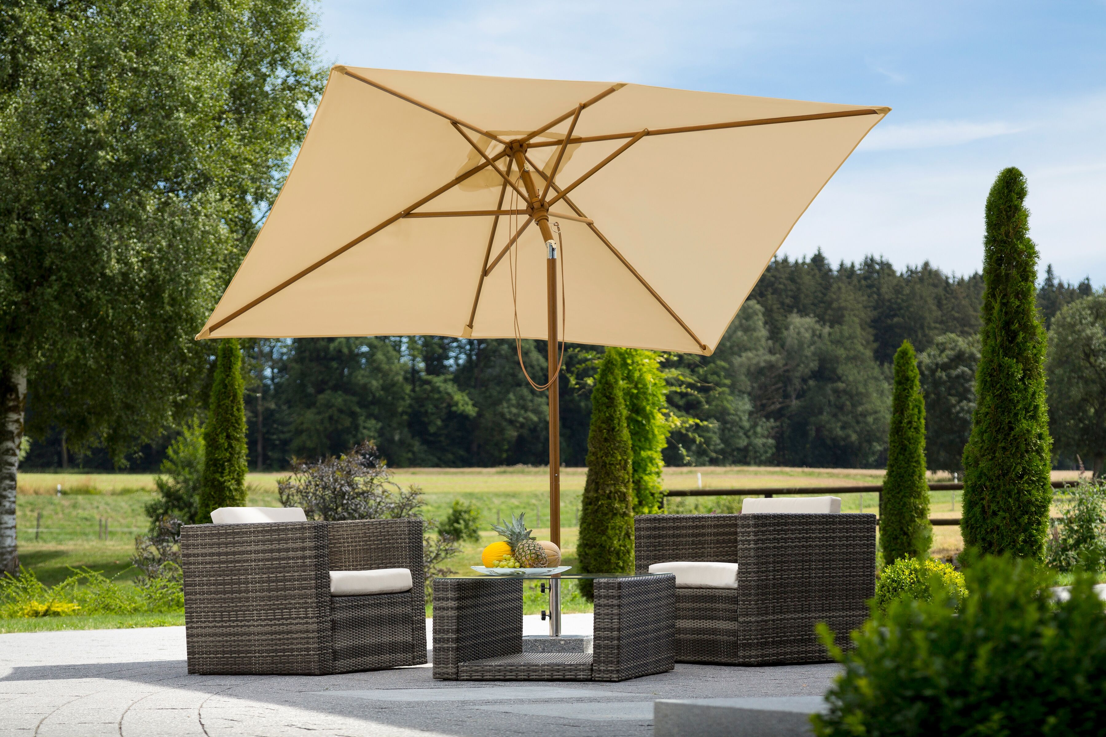 Sonnenschirm SCHNEIDER SCHIRME "Malaga", beige (natur), Obermaterial: 100% Polyester, Standschirme, Sonnenschirm, abknickbar, ohne Schirmständer