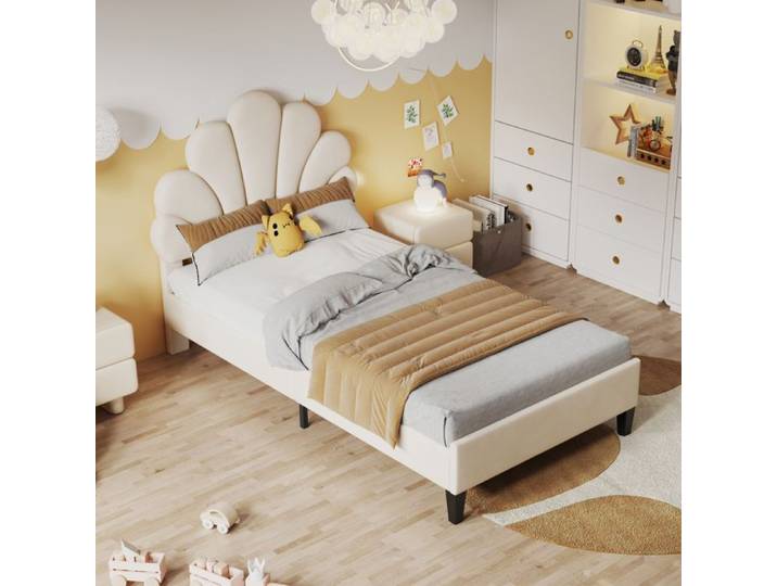 Cadre de lit - TIMPFEE - Lit simple capitonné - Velours beige - Sommier à lattes 90x190 cm - Pieds métal noir