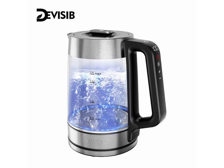 DEVISIB Bouilloire électrique en verre à double paroi, affichage de la température en direct, ébullition rapide 2200 W, contrôle de la température, maintien au chaud 24 heures sur 24