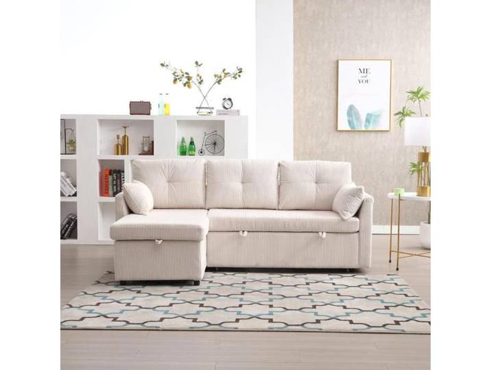 Canapé - KOMHTOM - 206x108x88 cm - Convertible - Velours côtelé - Méridienne réversible