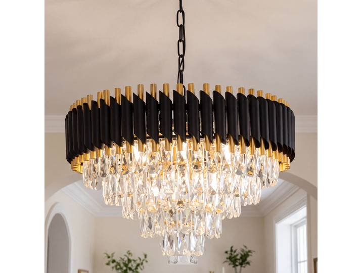 Lustre moderne en cristal noir et or, lustre rond en cristal K9 à 5 niveaux à intensité variable pour îlot de cuisine/salon/chambre à coucher