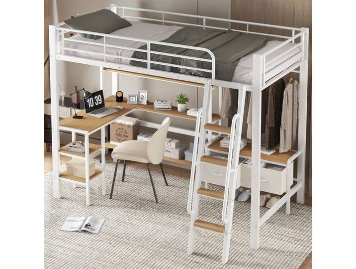 Luscriate - Lit Mezzanine en Métal 90x200cm avec 2 Boîtes Rangement Bureau Étagère Échelle 4 Marches Chambre enfant - Blanc