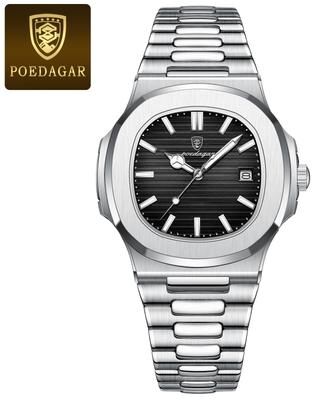 PRiME Fashion Square Quartz Watch For Men, Waterproof Luminous Date Stainless Steel, Business Luxury Wristwatch 613 Silver Black
