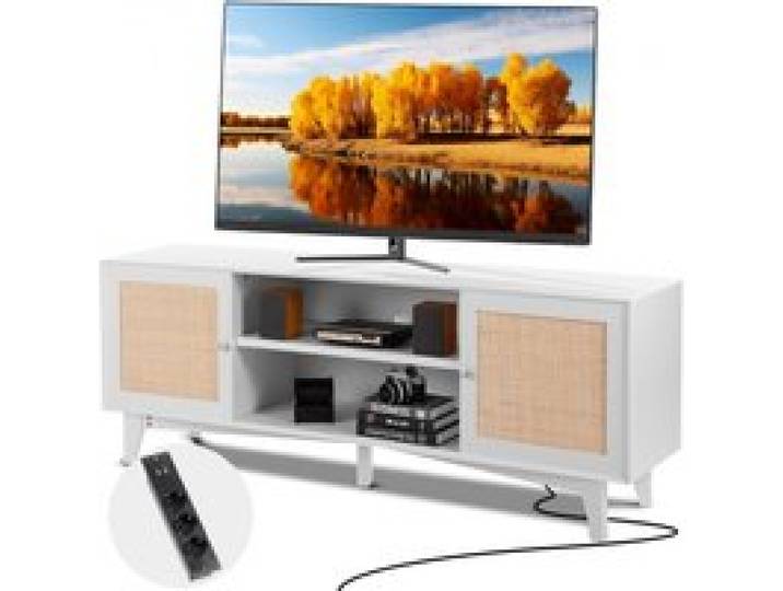 VEVOR Rattan-TV-Ständer 191cm Fernseher Boho-TV-Schrank Weiß Fernsehschrank