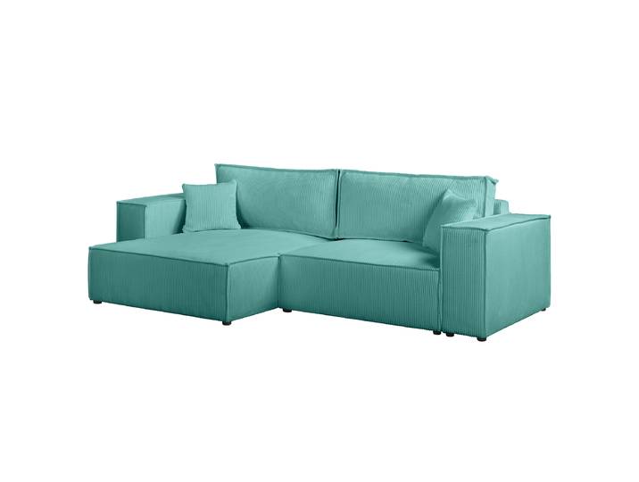 Canapé d’angle convertible 255 cm Bleu/Turquoise Velours côtelé Poppy 255 x 70 x 148cm Méridienne courte montable des deux côtés Avec fonction