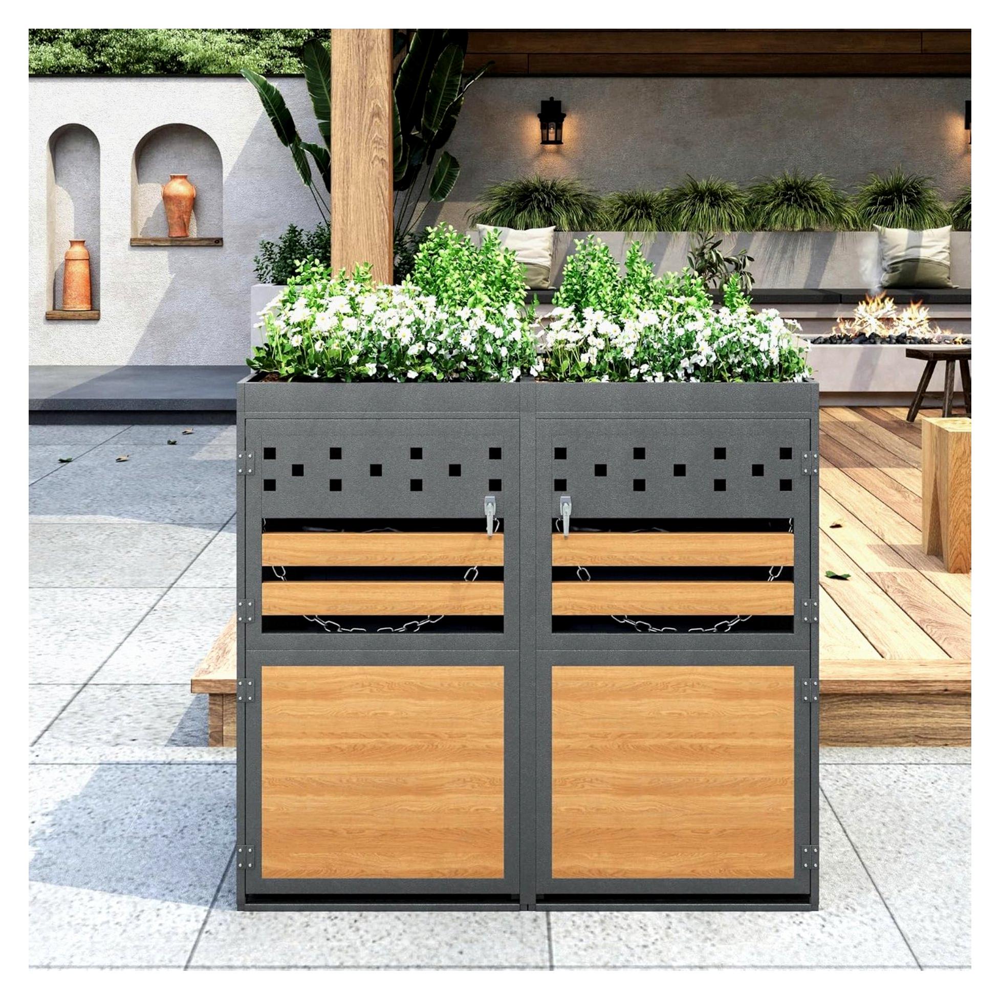 Mülltonnenbox für 2 Mülltonnen mit Pflanzdach, aus verzinktem Stahl, mit Schloss und Ketten, Aufbewahrungslösung für Garten, Terrasse, Einfahrt