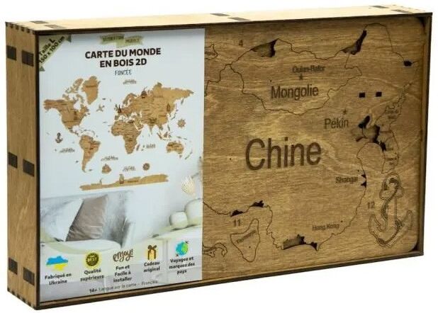 Carte du monde en bois 2D 150 x 105 cm - taille L foncée - Creatif Wood