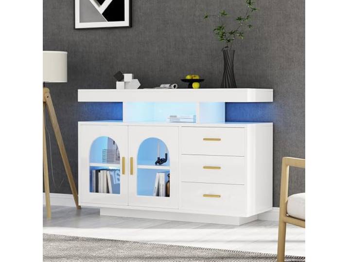 QQJIN Sideboard Weiss Hochglanz, 120cm Sideboard Küche mit RGB-LED, Acryltür & 3 Schubladen für Wohnzimmer, Flur, Büro,G