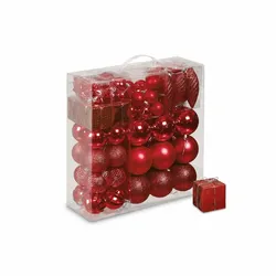 Relaxdays Weihnachtskugeln 110er Set, Kunststoff, Weihnachtsbaumdeko mit Kugeln & Lametta uvm., Christbaumschmuck, rot