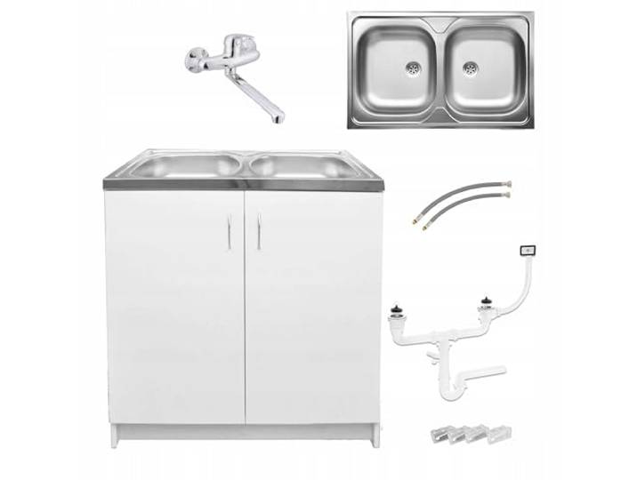 Stamar Möbel Spüle mit Unterschrank 80 cm Weiß Küchenspüle 2-Kammer & Edelstahl-Spülbecken kompakter Spülenunterschrank für Küche, Standschrank 49 cm Tiefe Siphon Montagefertig