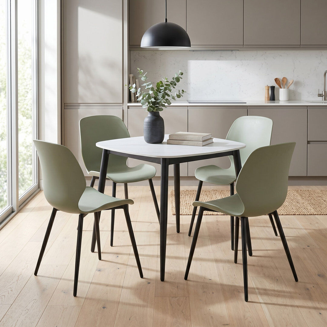 George Oliver Westhope 5-Piece Dining Set, Square Table & Four Plastic Chairs Green/Sintered Stone