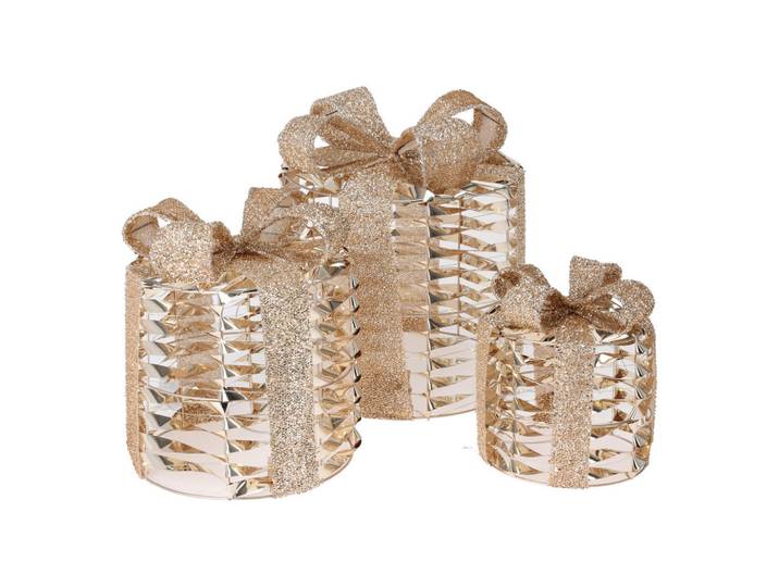 Home Styling Collection LED Geschenkboxen 3er Set mit 135 warmweißen LEDs Gold Drahtgestell, Goldfarben, Metall, 25x30x25 cm, Dekoration, Weihnachtsdekoration