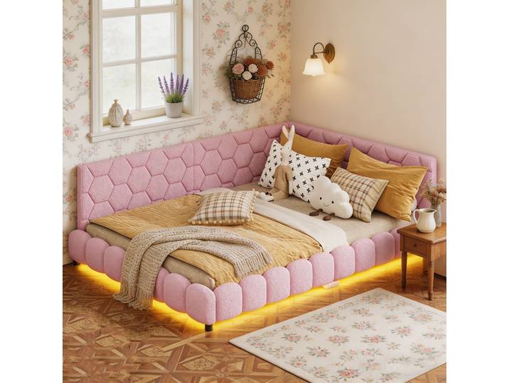 Lit 140 X 200\, Lit Adulte 140x200cm\, Cadre De Lit\, Avec Led Et Port Usb\, Canapé Lit\, Rose\, Imitation Laine