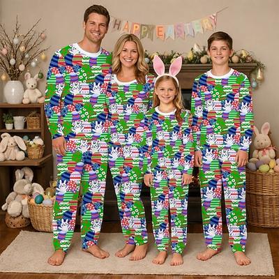 Osterpyjamas für die ganze Familie, grafisches Hasenmotiv, lässig, blau, dunkelgrün, langärmelig, passende Urlaubsoutfits