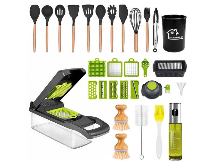 Küchenhelfer Set 17-teilig mit Schneidegerät Sprühflasche Bürsten Aufbewahrung, Schwarz, Kunststoff, Küchenzubehör, Küchenhelfer, Küchenhelfer-Set