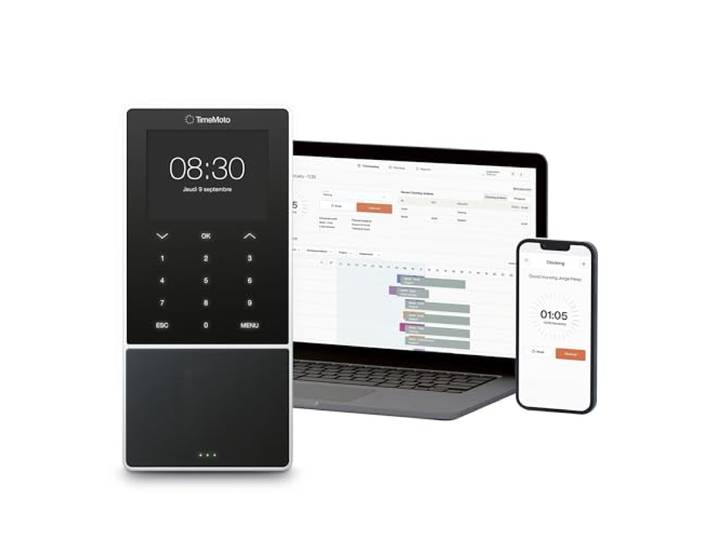 TimeMoto TM—818 SC Pointeuse badgeuse basée sur Le Cloud\, s'associe avec Badge/Porte-clé RFID\, Code PIN\, jusqu'à 2 000 utilisateurs\, Rapport sur Les Heures travaillées\, Wi-FI