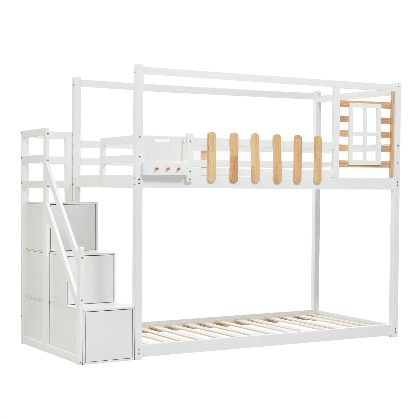 Etagenbett,Kinderbett mit Treppe,Fallschutzgitter,Fenster mit Regalkasten,3 Schließfächer,Rahmen aus massivem Kiefernholz