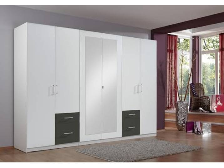 möbelando Drehtürenschrank >Freiburg< in Weiss + Graphit - 270x208x58cm (BxHxT)