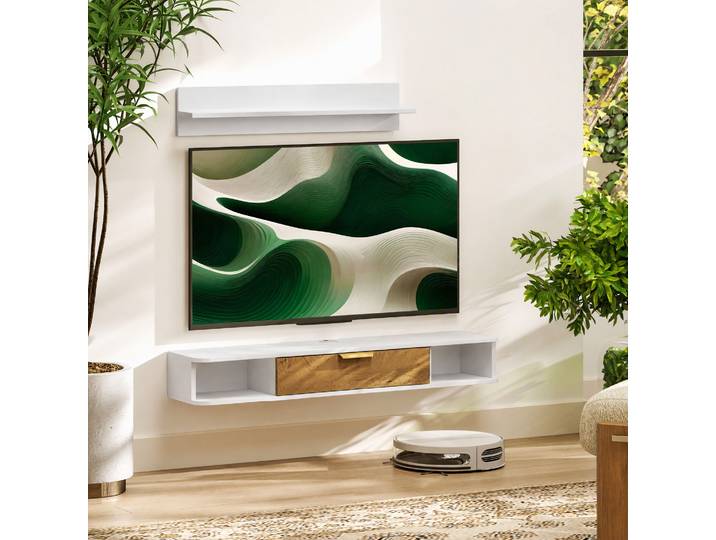 HOMCOM Meuble TV Suspendu avec Étagère Murale Bois Blanc