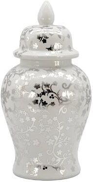 Galt International "18"" Silver & White Ceramic Floral Blossom Ginger Jar"