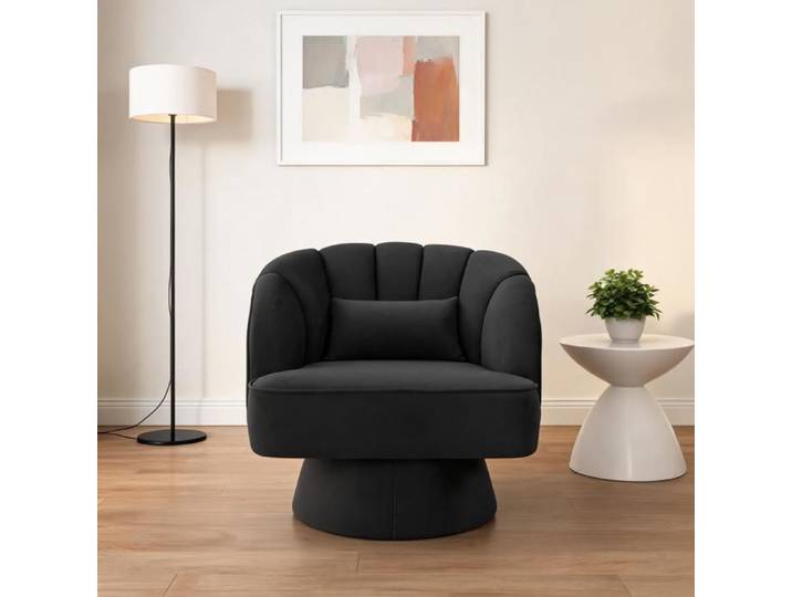 Fauteuil pivotant 360° – Velours – Dossier rayé – Coussin moelleux – Lounge mid-century – Salon chambre bureau - Noir