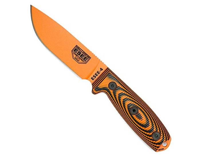 ESEE Model 4 3D, Messer mit 1095HC Stahl, orangeschwarze G10 Griffschalen mit Kydexscheide + Clip, schwarz