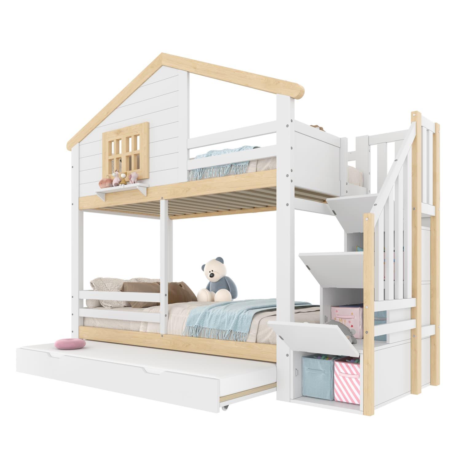 Etagenbett, 90x200cm,kinderbetten, Bettgitter,Ausziehbares Bett, Stauraumleiter, Fenster, Hausleiste, Weiß + Natur
