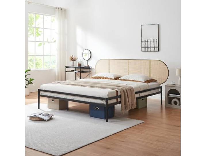 [en.casa] Bett Linköping 180 x 200 cm Bettgestell und Lattenrost Metallbett mit ovalem Kopfteil Doppelbett max. 300 kg Schwarz mit Rattanoptik