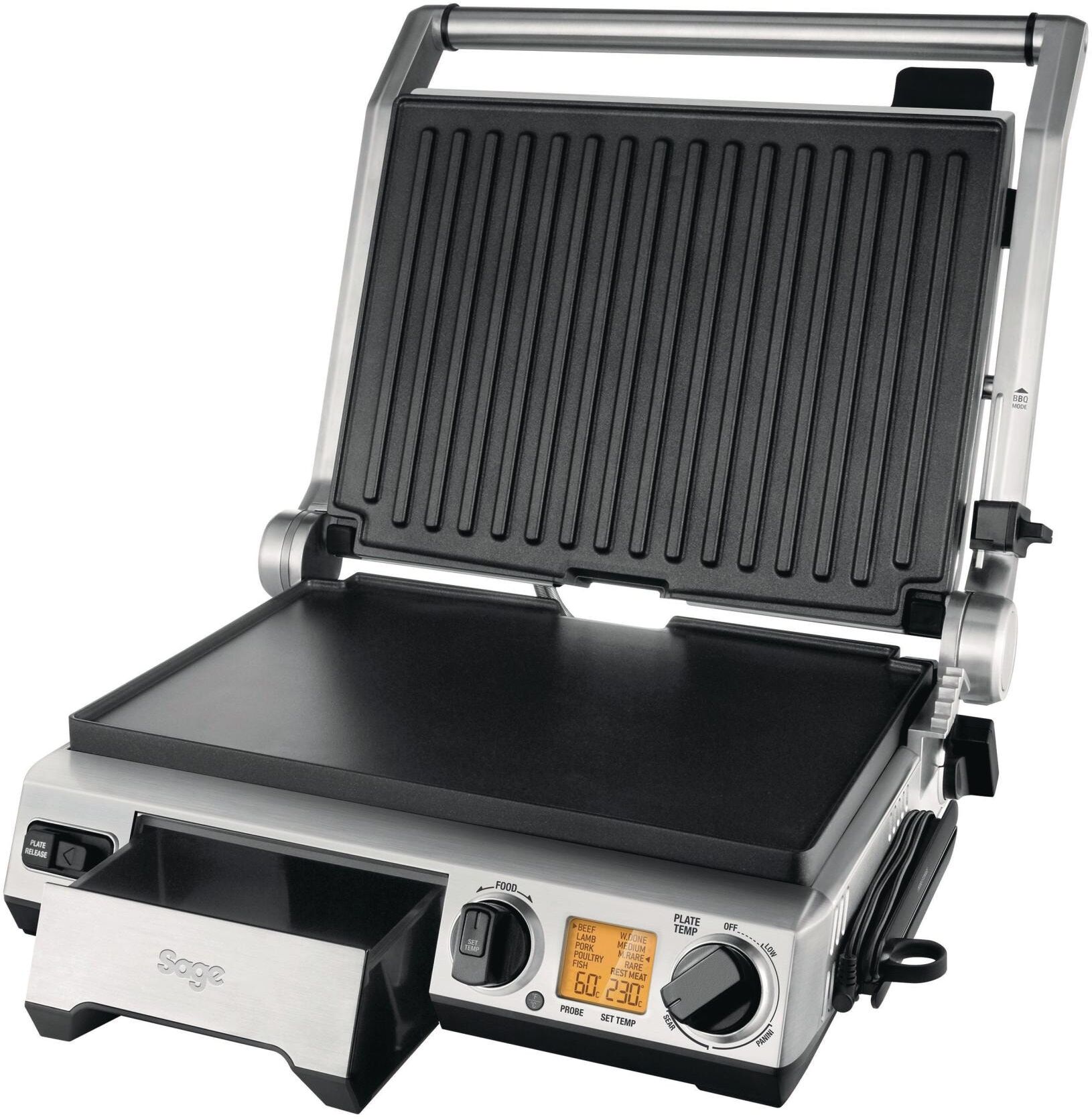 Kontaktgrill SAGE "Smart Grill Pro 2400 W", silber (silberfarben), Kontaktgrill_Standgrill_Tischgrill_Teppanyakigrill, Kontaktgrill silberfarben Einheitsgröße