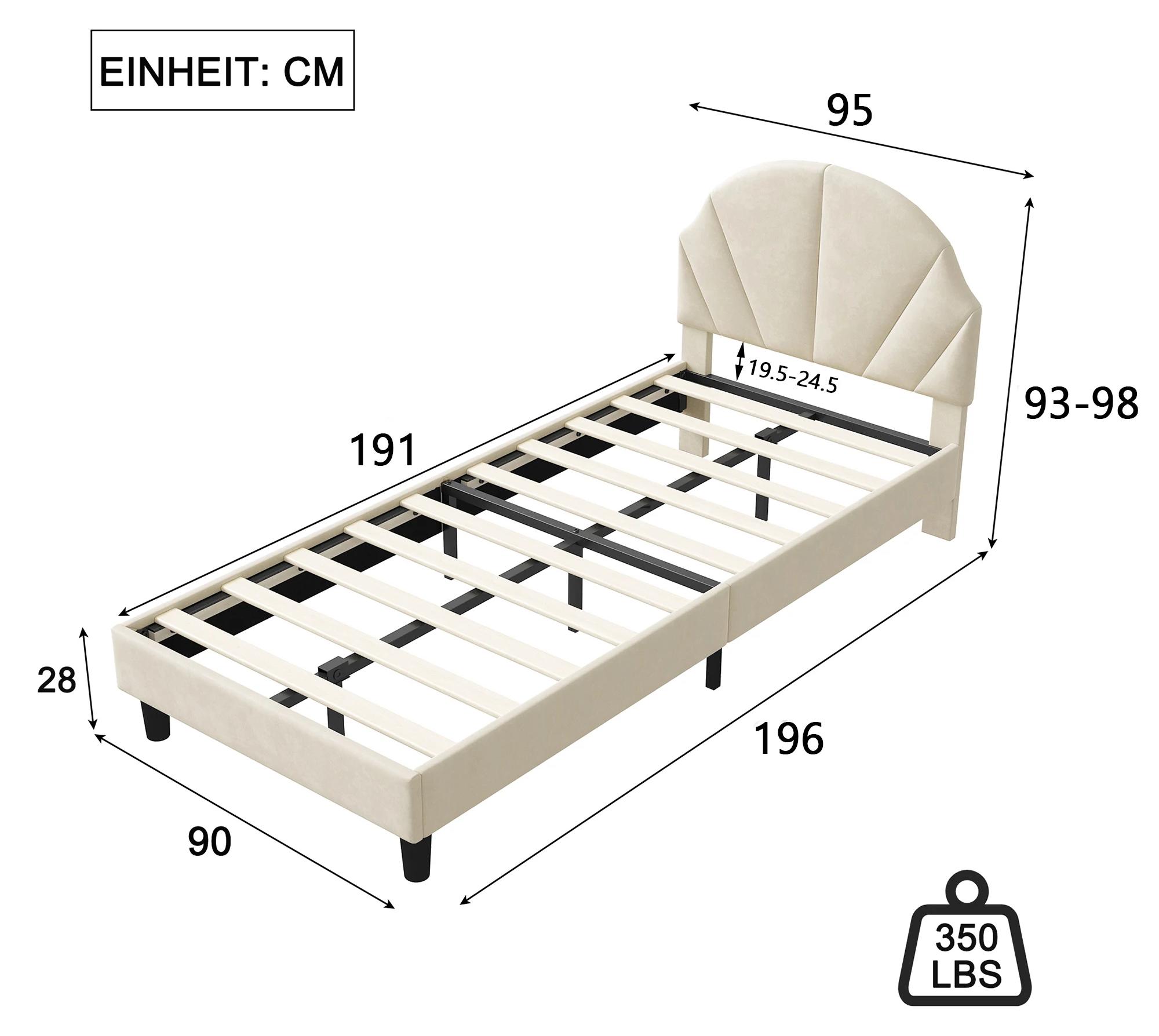 Kinderbett - Prinzessinnenbett - 90 x 190 cm - Verstellbares Kopfteil - Lattenrost - Samt - Beige