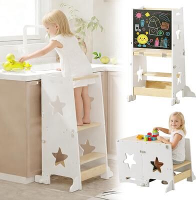 Kodotan sofa 3-in-1 Toddler Kitchen Step Stool, Foldable Learning Standing Tower with Blackboard, Wooden Kitchen Stool Helper for Kids