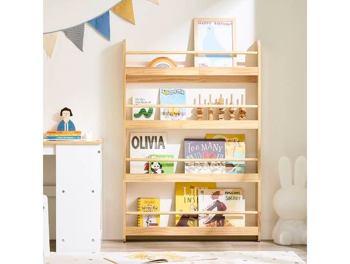 SoBuy KMB08-N bibliothèque étagère de rangement pour enfants avec 4 étagères pour livres jouets et déco Nature 80x118x12cm