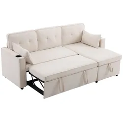 Merax L-Sofa mit Schlaffunktion 211 x 130 x 86 cm, Schlafsofa mit Stauraum, Getränkehalter, Seitentaschen & 2 Kissen, Beige