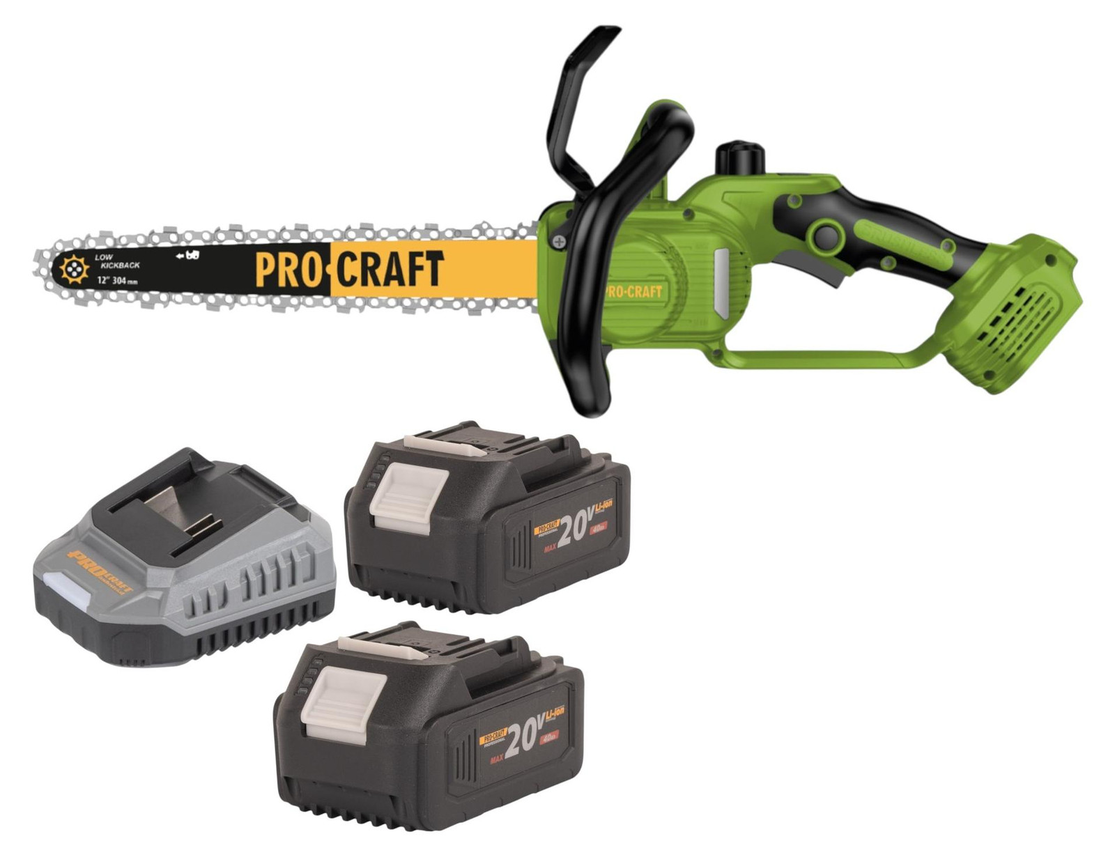 Procraft PKA33-BB accu-kettingzaag 20 V borstelloos met 2x 4,0 Ah accu en oplader